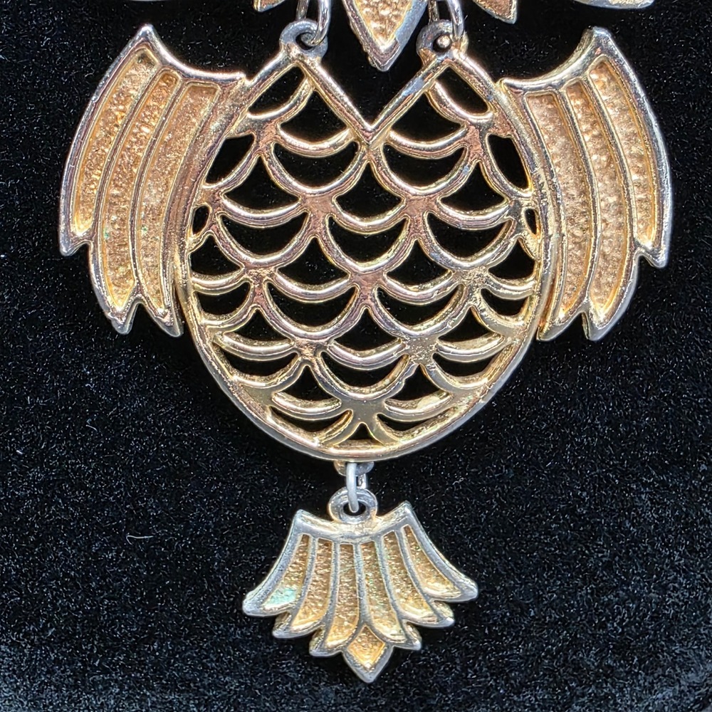 Owl Pendant 24" Necklace Gold Tone Articulated Vintage Filigree Boho 70s - Picture 2 of 9